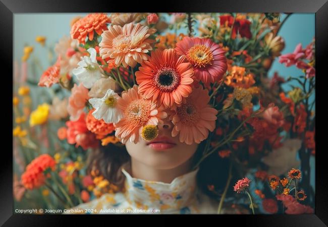 A woman wearing a crown made of colorful flowers, showcasing her unique style and love for nature. Framed Print by Joaquin Corbalan