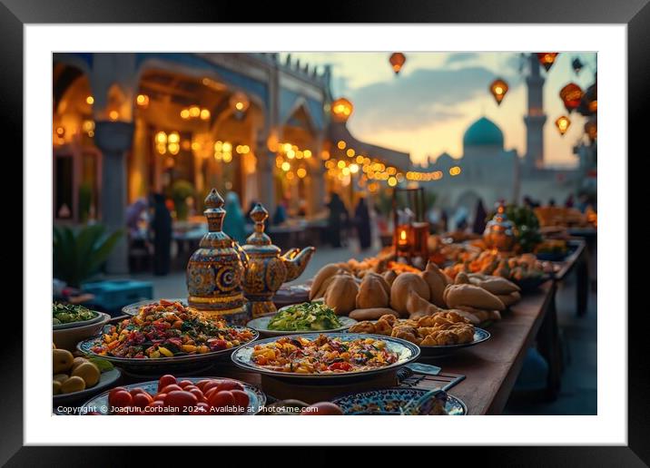A table filled with numerous plates of food, showcasing a variety of dishes for a festive occasion or celebration. Framed Mounted Print by Joaquin Corbalan