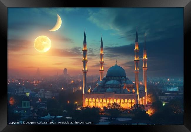A stunning photo of a mosque bathed in light at night, with the moon shining in the background. Framed Print by Joaquin Corbalan