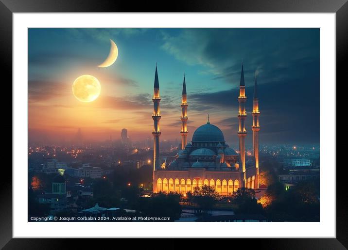 A stunning photo of a mosque bathed in light at night, with the moon shining in the background. Framed Mounted Print by Joaquin Corbalan