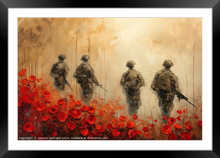 A painting depicting soldiers in a field of poppies, symbolizing patriotism and the memory of international military efforts. Framed Mounted Print by Joaquin Corbalan