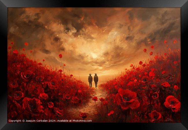 A painting capturing the image of two individuals walking through a vibrant field filled with red flowers. Framed Print by Joaquin Corbalan