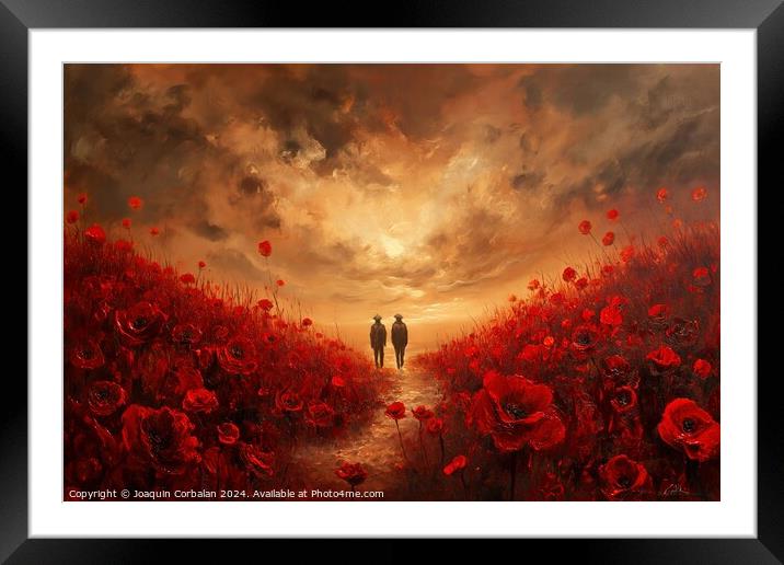 A painting capturing the image of two individuals walking through a vibrant field filled with red flowers. Framed Mounted Print by Joaquin Corbalan