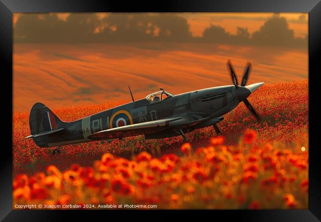 Classic spitfire aircraft, perched in a field of red poppies celebrating the Battle of Britain Memorial Framed Print by Joaquin Corbalan