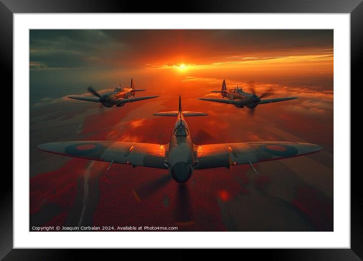 A group of three classic aircraft, reminiscent of The Battle of Britain, flying in formation against a backdrop of cloudy skies. Framed Mounted Print by Joaquin Corbalan