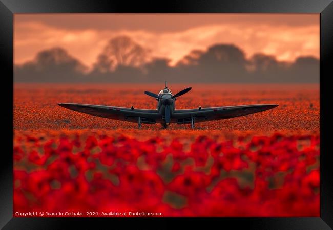 A small airplane sits among a vibrant field of red flowers. Framed Print by Joaquin Corbalan