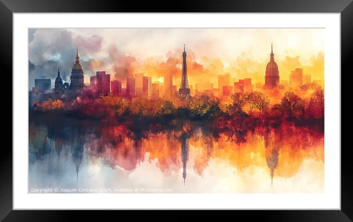 A watercolor painting depicting the skyline of Paris, France, with a lake positioned in front of it. Framed Mounted Print by Joaquin Corbalan