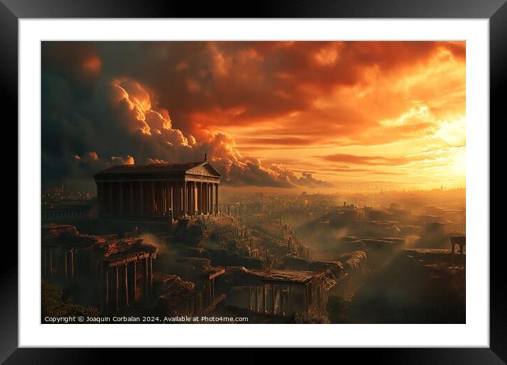 A vividly colored painting of Ancient Roma, captures a breathtaking sunset, casting warm hues over a cityscape below. Framed Mounted Print by Joaquin Corbalan