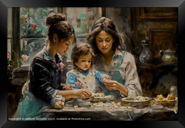 A painting depicting two women and a child engaged in an activity at a table. Framed Print by Joaquin Corbalan