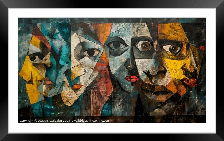 An intriguing painting featuring a diverse group of people, showcasing their unique facial expressions Framed Mounted Print by Joaquin Corbalan