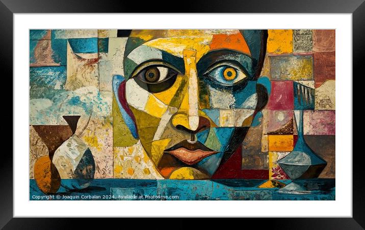 unique painting of a mans face, featuring different colors and abstract shapes Framed Mounted Print by Joaquin Corbalan