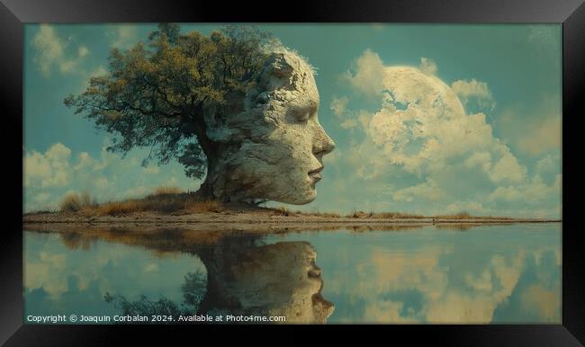 surrealistic painting featuring a tree and a mans face. The artwork showcases elements of intimacy and stillness, creating a raw and unconventional visual experience Framed Print by Joaquin Corbalan