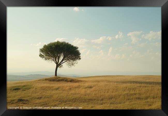 A lone tree stands on a grassy hill under a clear blue sky. Framed Print by Joaquin Corbalan