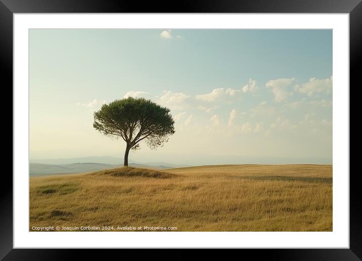 A lone tree stands on a grassy hill under a clear blue sky. Framed Mounted Print by Joaquin Corbalan