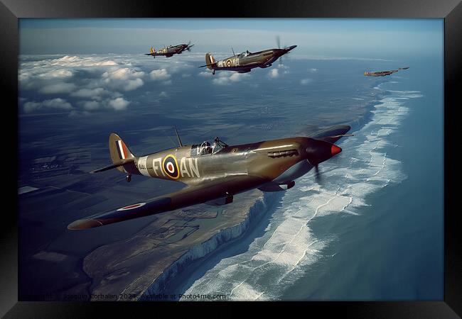 A group of Hawker Hurricane and Supermarine Spitfire fighter jets soaring over the white-capped ocean. Framed Print by Joaquin Corbalan