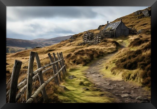 A wooden fence stands on a grassy hillside in the Scottish countryside. Framed Print by Joaquin Corbalan