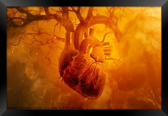A painting depicting a human heart suspended from a tree branch. Framed Print by Joaquin Corbalan