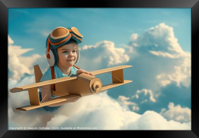 A small boy soars through the sky in a paper airplane. Framed Print by Joaquin Corbalan