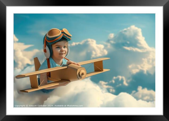 A small boy soars through the sky in a paper airplane. Framed Mounted Print by Joaquin Corbalan