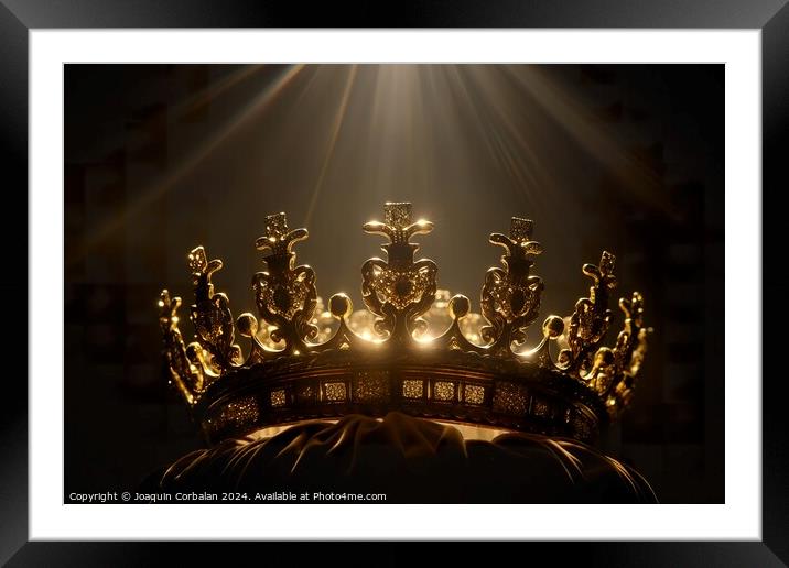 A crown glows under a golden beam against a black background. Framed Mounted Print by Joaquin Corbalan