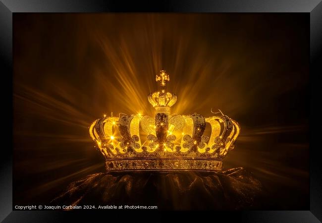 A golden crown illuminated by bright lights on a black background. Framed Print by Joaquin Corbalan