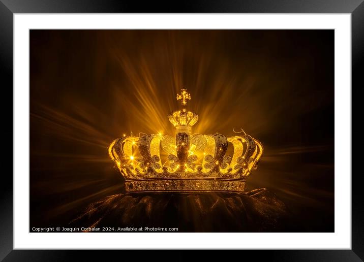 A golden crown illuminated by bright lights on a black background. Framed Mounted Print by Joaquin Corbalan