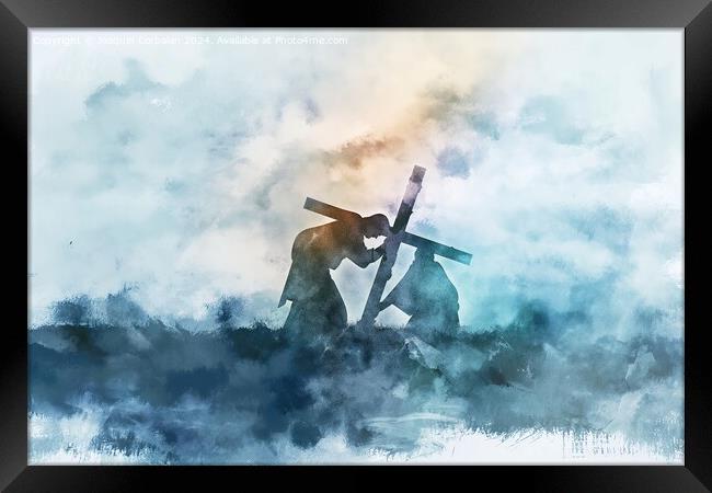A digital watercolor painting depicting Jesus carrying a cross. Framed Print by Joaquin Corbalan