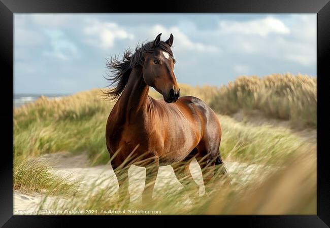 A proud brown stallion stands on a sandy beach facing the North Sea. Framed Print by Joaquin Corbalan