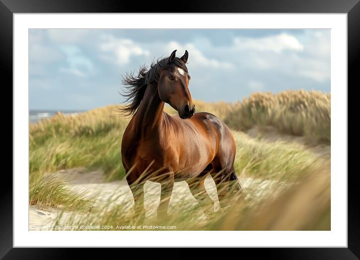A proud brown stallion stands on a sandy beach facing the North Sea. Framed Mounted Print by Joaquin Corbalan
