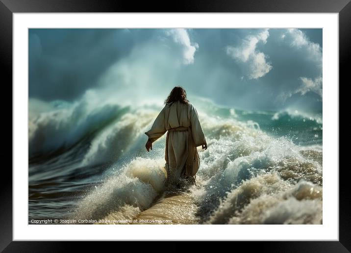Jesus Christ , walking on turbulent waters, fancing towards camera Framed Mounted Print by Joaquin Corbalan