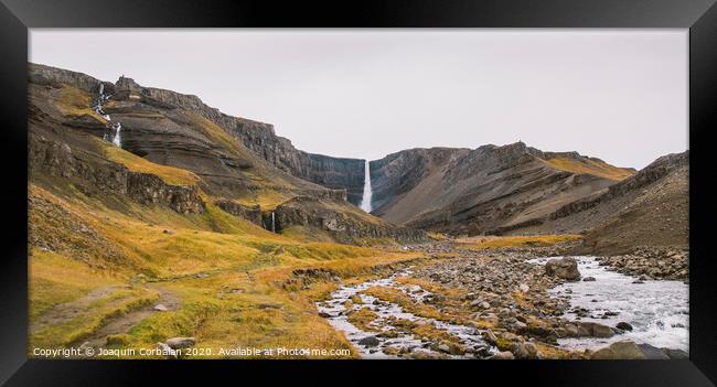 Panoramic photos of famous Icelandic waterfalls on cloudy days with geological formations. Framed Print by Joaquin Corbalan