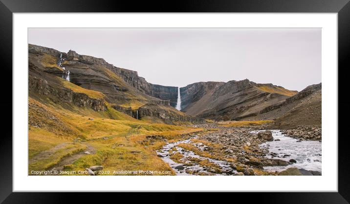 Panoramic photos of famous Icelandic waterfalls on cloudy days with geological formations. Framed Mounted Print by Joaquin Corbalan