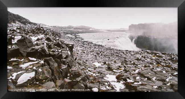 Panoramic photos of famous Icelandic waterfalls on cloudy days with geological formations. Framed Print by Joaquin Corbalan