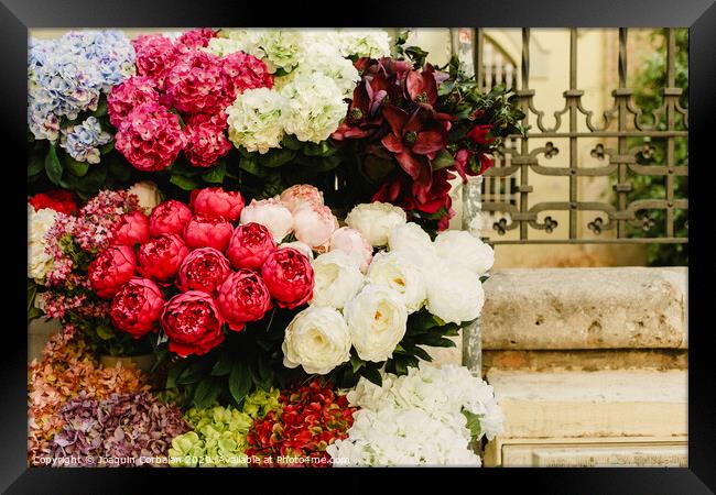 Floral decorations in the spaces of a wedding restaurant. Framed Print by Joaquin Corbalan