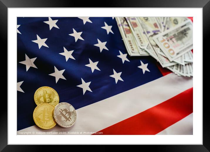 Bitcoins and american dollar bills with US flag background, copy space. Framed Mounted Print by Joaquin Corbalan