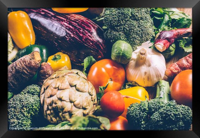 Vegetables, best health foods, radishes, onions, garlic, peppers, cabbage, broccoli. Framed Print by Joaquin Corbalan