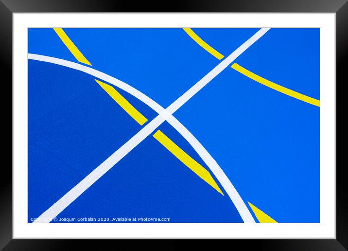 Design of a sports field, with blue background and red and yellow white lines creating strange straight lines and curves, to use with copy space. Framed Mounted Print by Joaquin Corbalan
