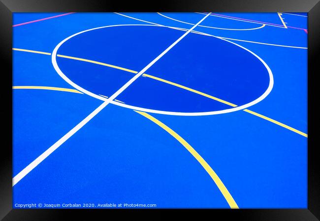 Design of a sports field, with blue background and red and yellow white lines creating strange straight lines and curves, to use with copy space. Framed Print by Joaquin Corbalan