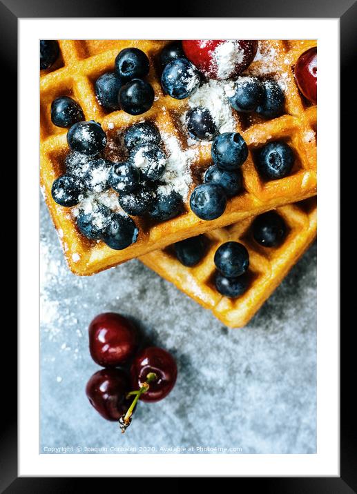 Close-up of waffles with tasty fruits cranberries, cherries and strawberries viewed from above, isolated on abstract background with copy space for text. Framed Mounted Print by Joaquin Corbalan