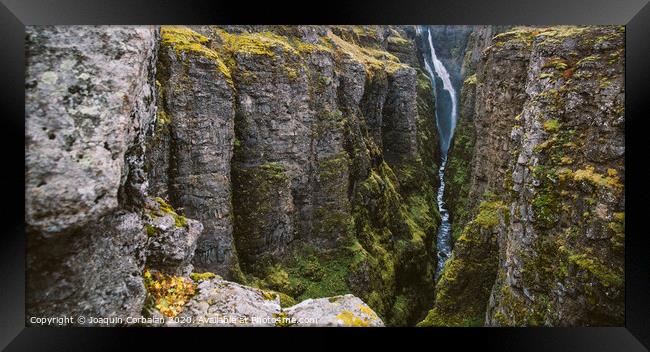 Panoramic photos of famous Icelandic waterfalls on cloudy days with geological formations. Framed Print by Joaquin Corbalan