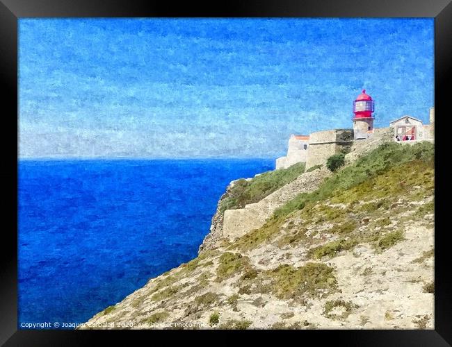 Lighthouse on top of a cliff overlooking the blue ocean on a sunny day, painted in oil on canvas. Framed Print by Joaquin Corbalan