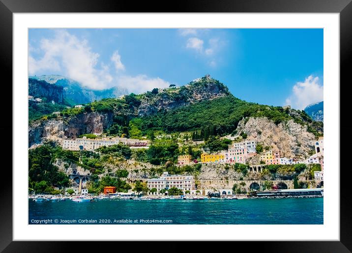 View from the sea of this picturesque Italian Mediterranean city, with old and colorful houses built on the side of a hill. Framed Mounted Print by Joaquin Corbalan