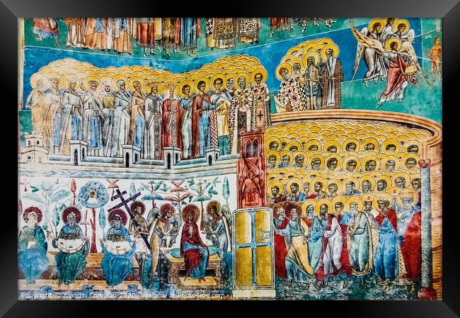 Paintings in frescoes of religious, colorful motifs, in Orthodox Christian monasteries of Bucovina. Framed Print by Joaquin Corbalan