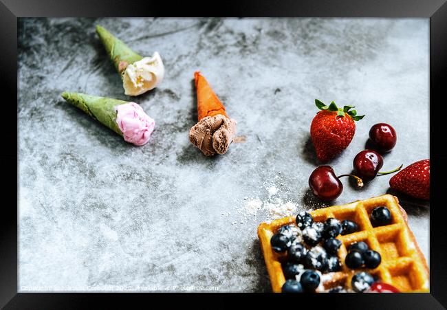 Background of foods refreshing ice cream in cones with red fruits and waffles, with negative space for summer design. Framed Print by Joaquin Corbalan