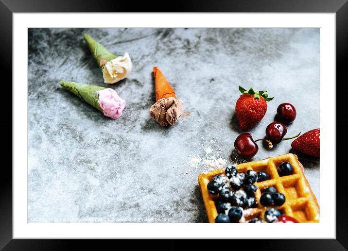 Background of foods refreshing ice cream in cones with red fruits and waffles, with negative space for summer design. Framed Mounted Print by Joaquin Corbalan