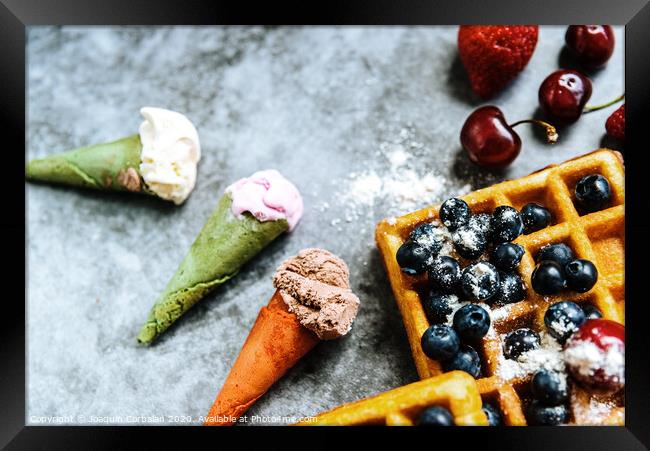 Appetizing ice cream with fruits and waffles, the ideal snack in a restaurant in summer. Framed Print by Joaquin Corbalan