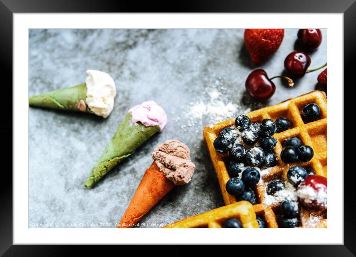 Appetizing ice cream with fruits and waffles, the ideal snack in a restaurant in summer. Framed Mounted Print by Joaquin Corbalan