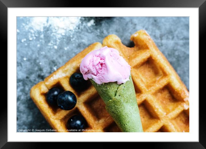 The pleasure of having breakfast on a Sunday morning a luxurious waffle with antioxidant red fruits full of vitamins for a healthy and full life. Framed Mounted Print by Joaquin Corbalan