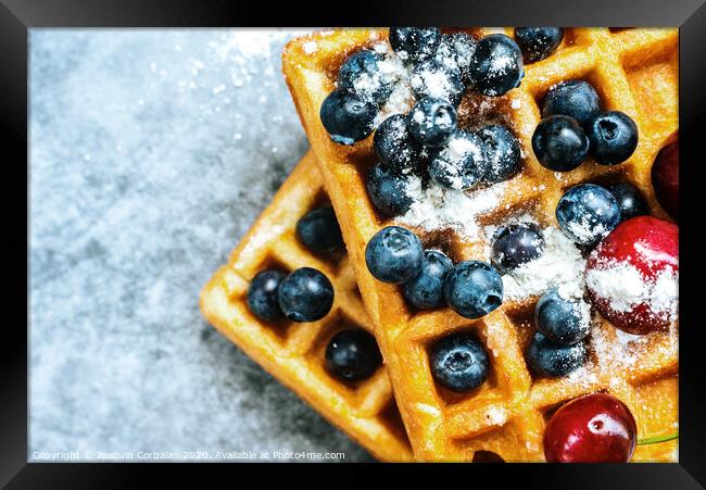 Close-up of a waffle with blueberries for breakfast during a vacation at a vegetarian restaurant. Framed Print by Joaquin Corbalan