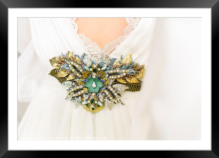 Flower shaped brooch made with small gemstones for a wedding dress. Framed Mounted Print by Joaquin Corbalan